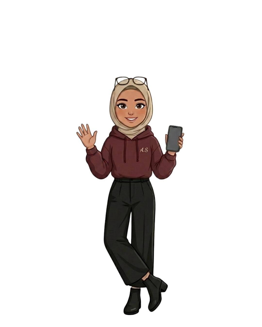 Esraa waving and holding a phone