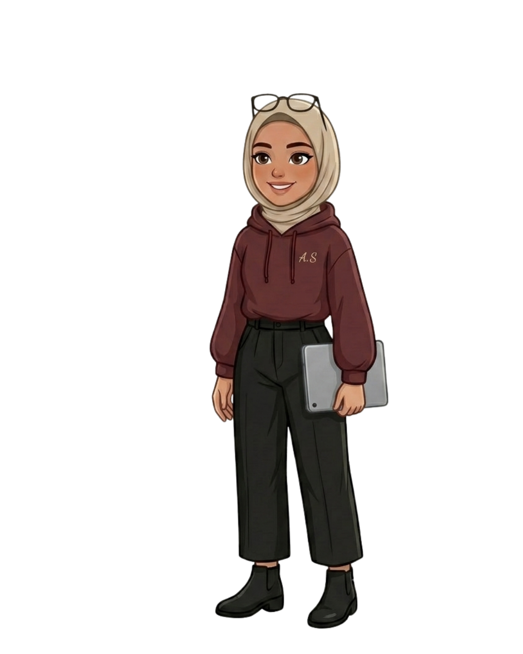 Illustrated character of Esraa holding a tablet